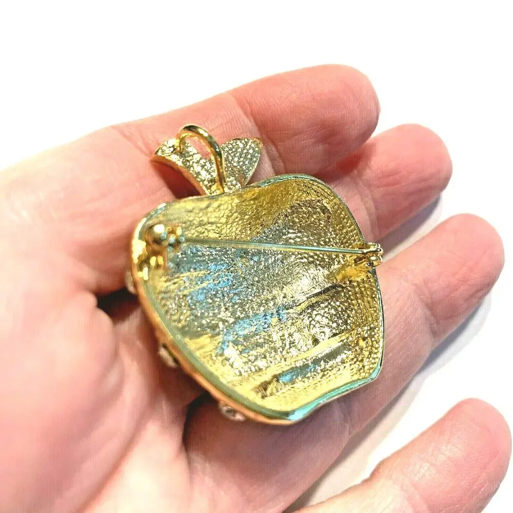 USA Patriotic Brooch Apple Shape Gold Tone Red & Blue Enamel White Rhinestones